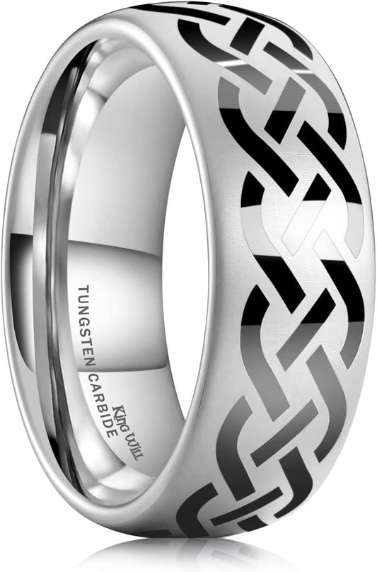 King Will Silver Black Celtic Knot/Greek Key Tungsten Wedding Rings Two Grooves Edge Laser Polished Celtic Knot/Greek Key Center and Matte Brushed Surface Wedding Band for Men Women