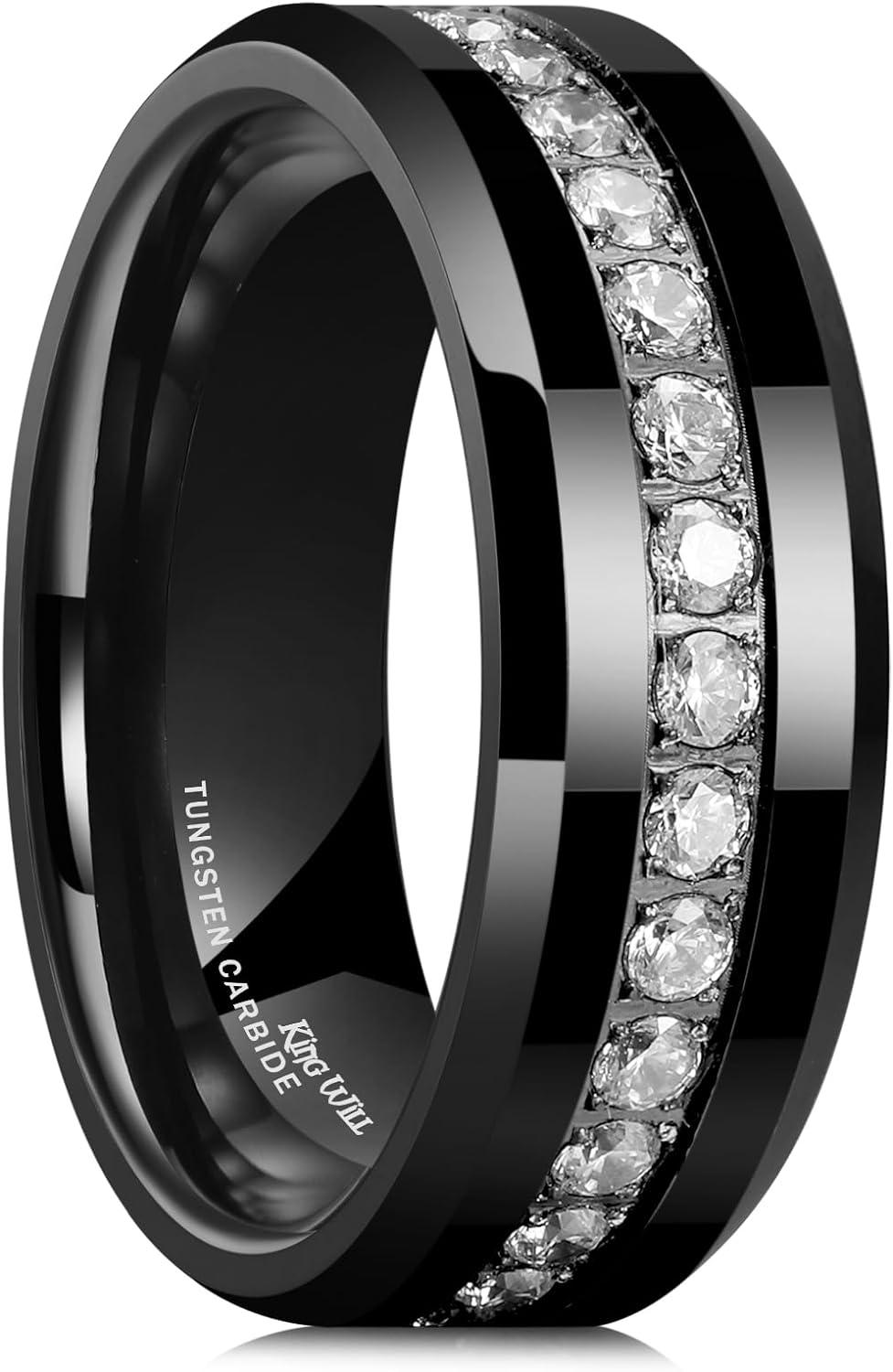 King Will Tungsten Carbide Wedding Band for Men - 8mm Black Plated High Polished Cubic Zircon Stones Comfort Fit Mens Ring for Wedding,Engagement and Anniversary