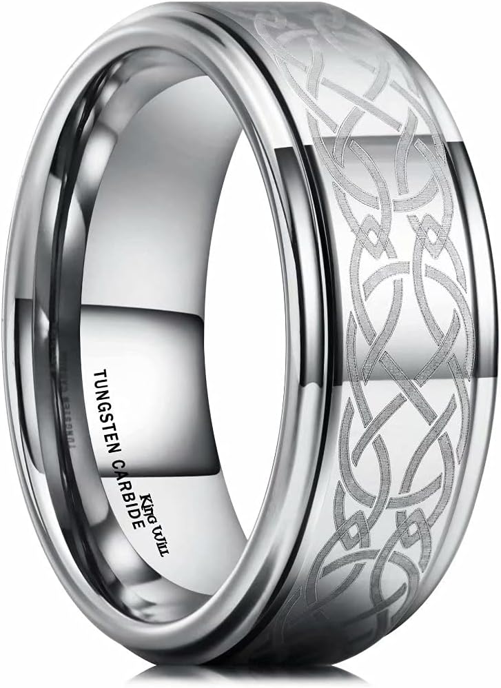 King Will 8mm Black/Silver/Blue Mens Tungsten Carbide Ring Laser Celtic Knot/Wolf Head/Dragon Polish Edge Wedding Band Size 7-14