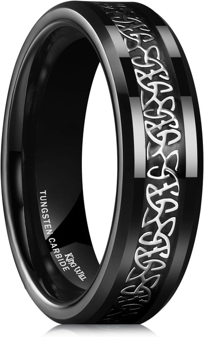 King Will Classic Tungsten Carbide Ring Silver/Black/Red/Green Inlay Celtic Knot 6mm/8mm Wedding Band for Men Engagement Ring Comfort Fit