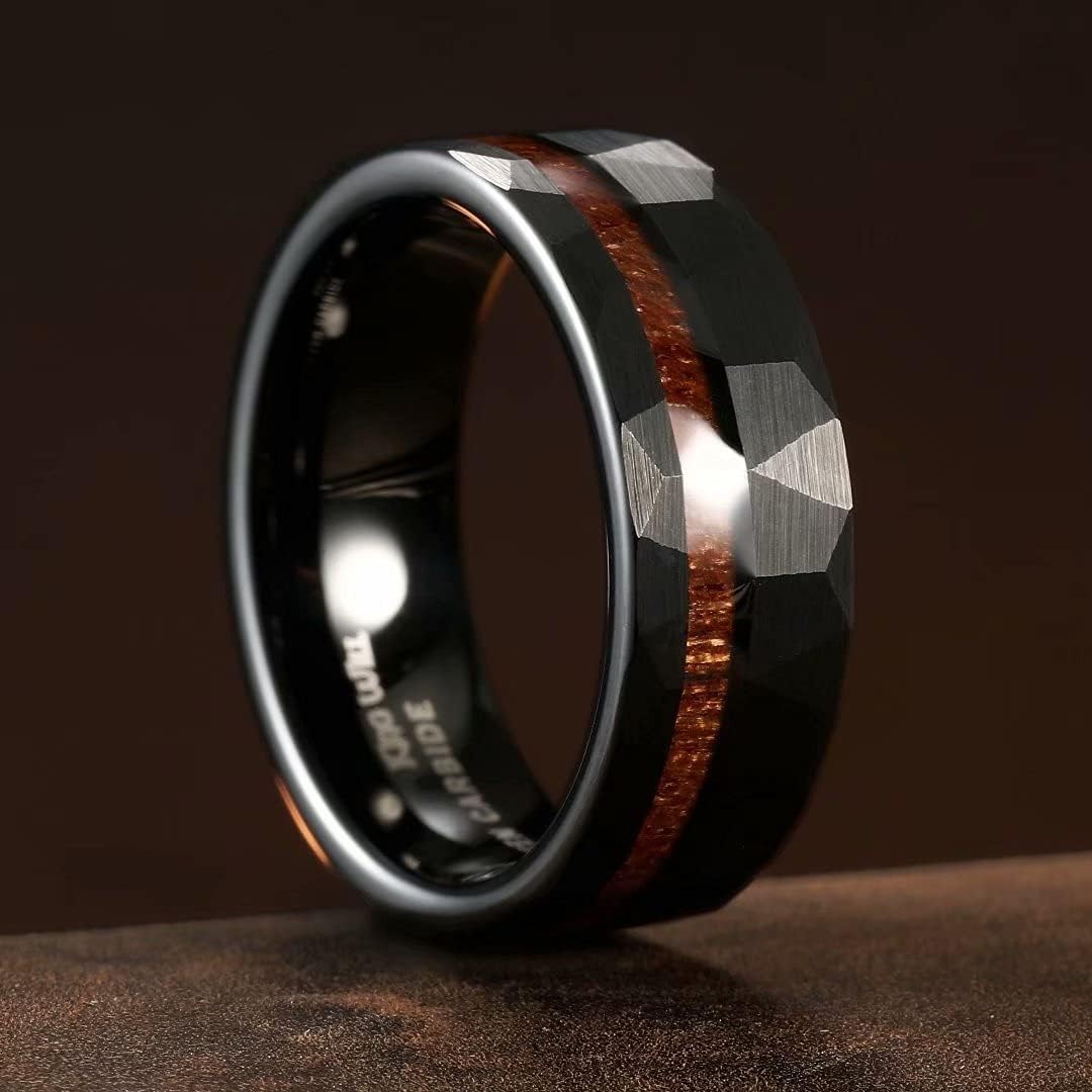 King Will 8mm Wood/Red Opal/Gold Foils/Purple Meteorite Inlaid Black Tungsten Carbide Rings Wedding Band Brushed Hammered Men’s Engagement Ring Comfort Fit for Men Women
