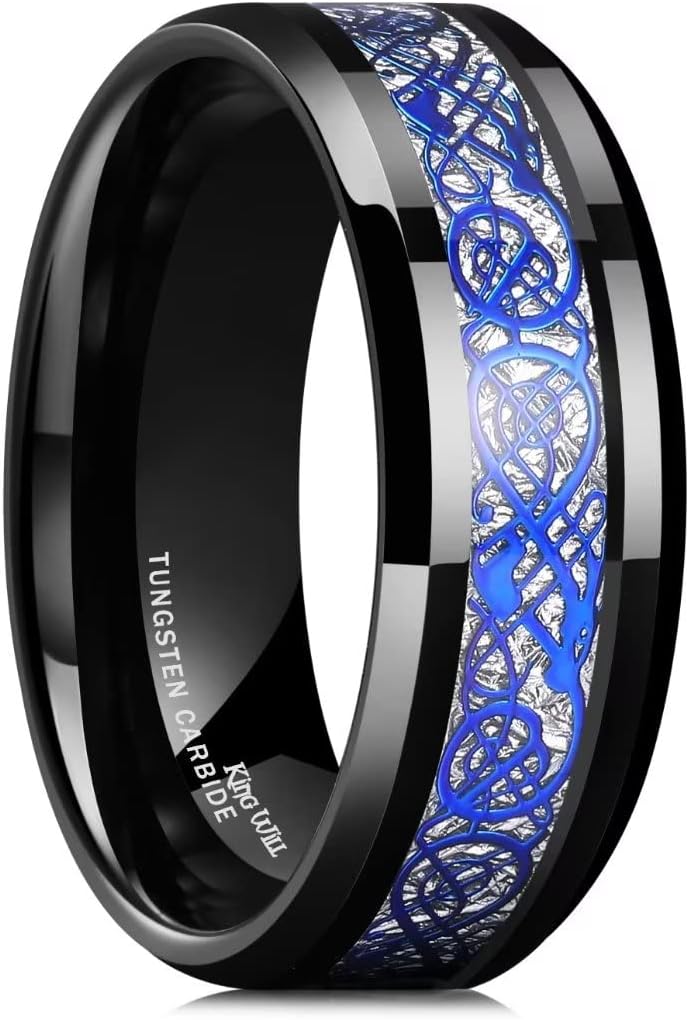 King Will Men's 8mm Green/Red/Blue/Purple Carbon Fiber Black Celtic Dragon Tungsten Carbide Ring Comfort Fit