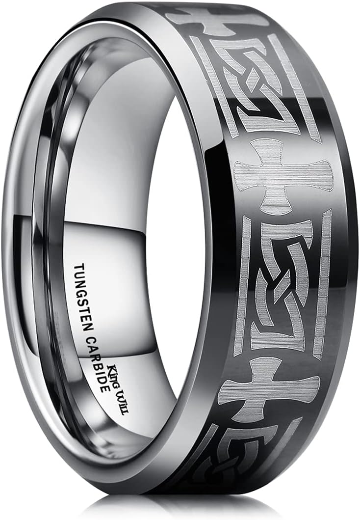 King Will 8mm Black/Silver/Blue Mens Tungsten Carbide Ring Laser Celtic Knot/Wolf Head/Dragon Polish Edge Wedding Band Size 7-14