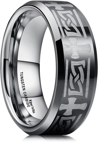 King Will 8mm Black/Silver/Blue Mens Tungsten Carbide Ring Laser Celtic Knot/Wolf Head/Dragon Polish Edge Wedding Band Size 7-14