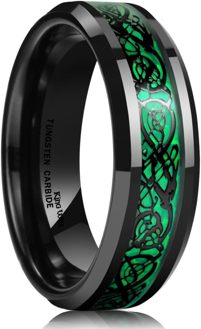 King Will Men's 8mm Green/Red/Blue/Purple Carbon Fiber Black Celtic Dragon Tungsten Carbide Ring Comfort Fit