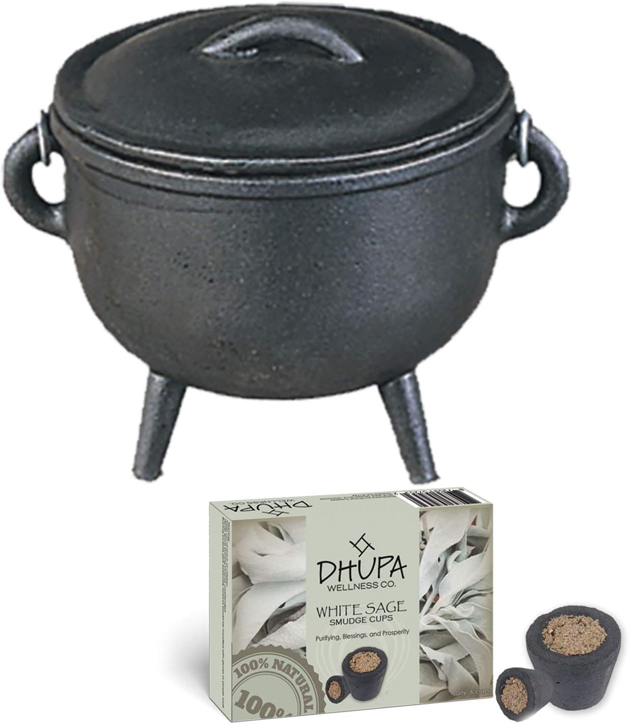 Cast Iron Cauldron with Lid and Carry Handle for Spells Wax Melt Burner, Smudging, Ritual & Blessings | Includes 6 Free Incense Smudge Cups (4.5 Inch, Pentagram)