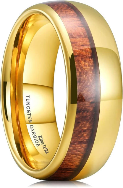 King Will Nature Koa Wood Inlay Tungsten Carbide Wedding Ring 8mm Rose Gold/Blue/Black/Silver High Polished Comfort Fit