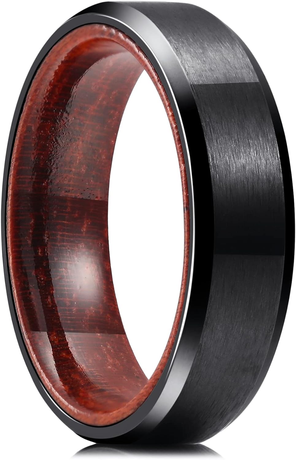 King Will 6mm/8mm Silver/Black Hammered Titanium Ring Inlaid Wood Inner Hole Wedding Band for Men Matte Brushed Comfort Fit