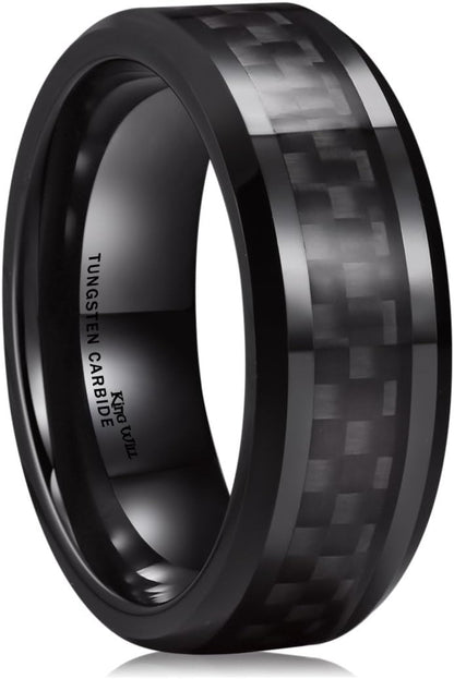 King Will GENTLEMAN 8mm Black/Red/Green/Blue/Silver Carbon Fiber Inlay Tungsten Carbide Ring Black Wedding Band Polished Finish Edges Men’s Ring Comfort Fit for Men Women