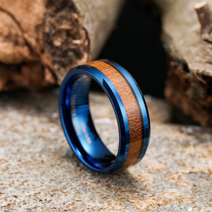 King Will Nature Koa Wood Inlay Tungsten Carbide Wedding Ring 8mm Rose Gold/Blue/Black/Silver High Polished Comfort Fit