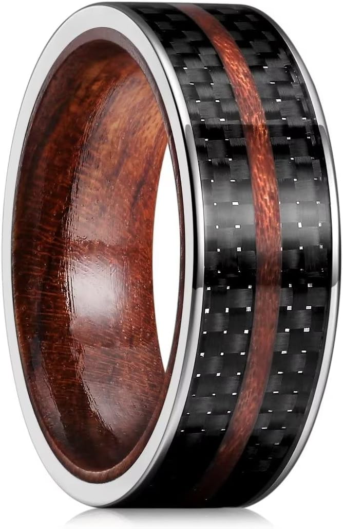 King Will 6mm/8mm Silver/Black Hammered Titanium Ring Inlaid Wood Inner Hole Wedding Band for Men Matte Brushed Comfort Fit