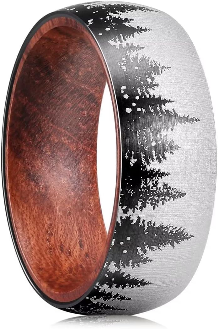 King Will 6mm/8mm Silver/Black Hammered Titanium Ring Inlaid Wood Inner Hole Wedding Band for Men Matte Brushed Comfort Fit
