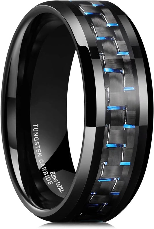 King Will GENTLEMAN 8mm Black/Red/Green/Blue/Silver Carbon Fiber Inlay Tungsten Carbide Ring Black Wedding Band Polished Finish Edges Men’s Ring Comfort Fit for Men Women