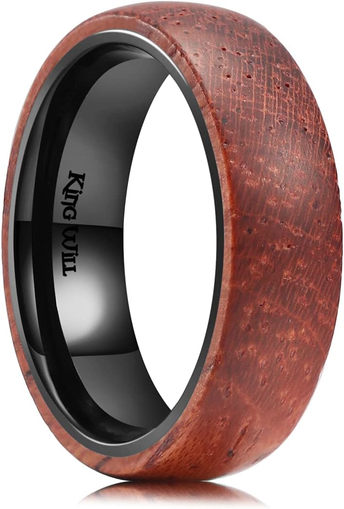 King Will 6mm/8mm Silver/Black Hammered Titanium Ring Inlaid Wood Inner Hole Wedding Band for Men Matte Brushed Comfort Fit