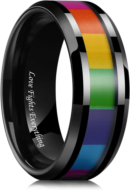 King Will Tungsten Carbide Wedding Band for Men - 8mm Black Plated High Polished Inlay Rainbow Sticker Rings for Weddding Engagement Comfort Fit
