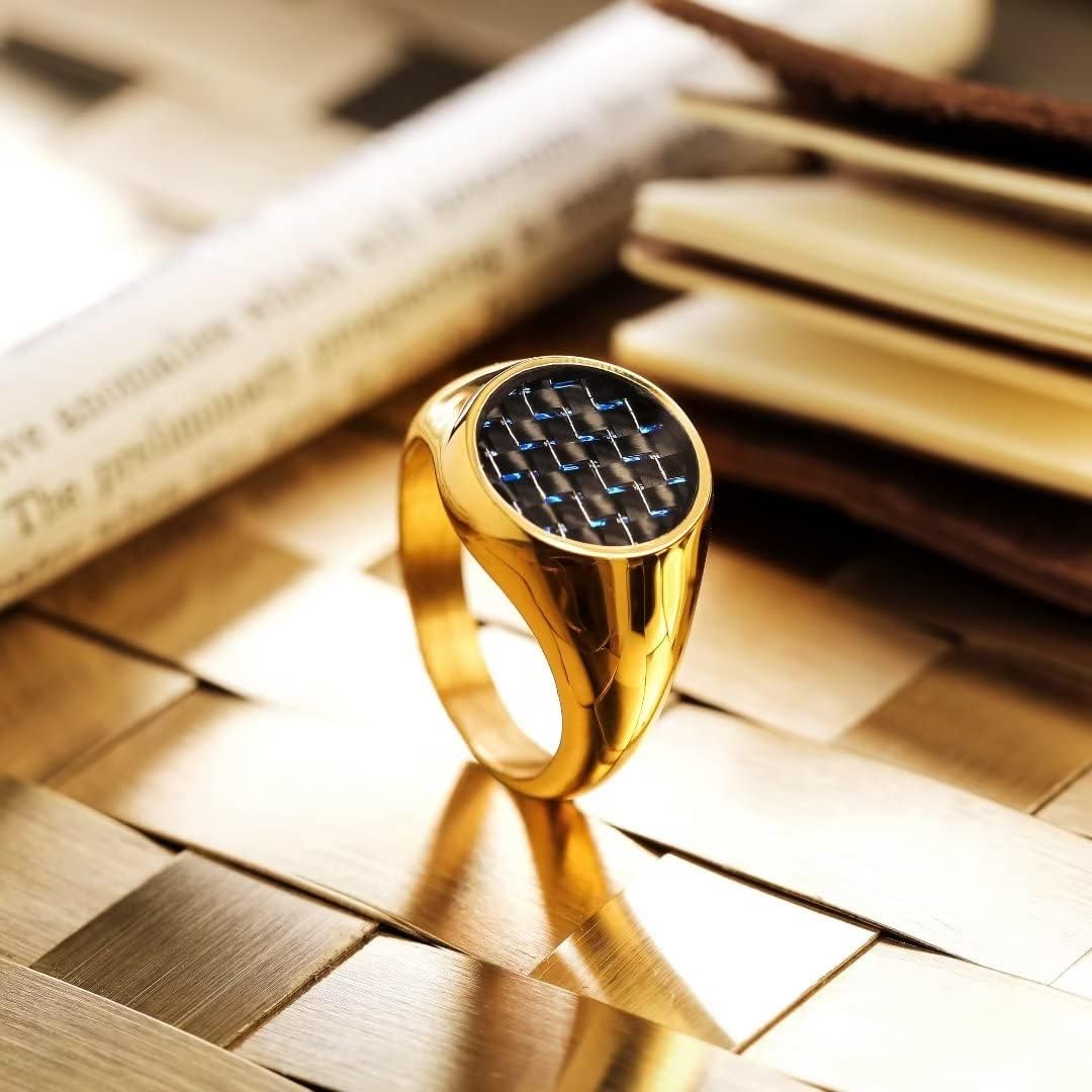 King Will GENTLEMAN Gold Signet Ring Solid Polished Stainless Steel Ring Blue Black Carbon Fiber Inlay