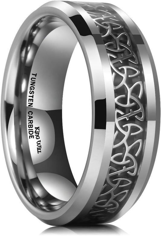 King Will Classic Tungsten Carbide Ring Silver/Black/Red/Green Inlay Celtic Knot 6mm/8mm Wedding Band for Men Engagement Ring Comfort Fit