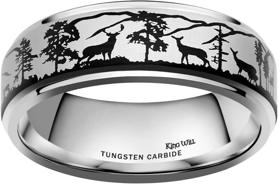 King Will Mens 6mm 8mm Black Silver Tungsten Carbide Wedding Ring Inlaid Lasered Seagull/Forest Landscap/Panda/Deer/Hunting/Fly Fishing Brushed Wedding Rings for Men Women