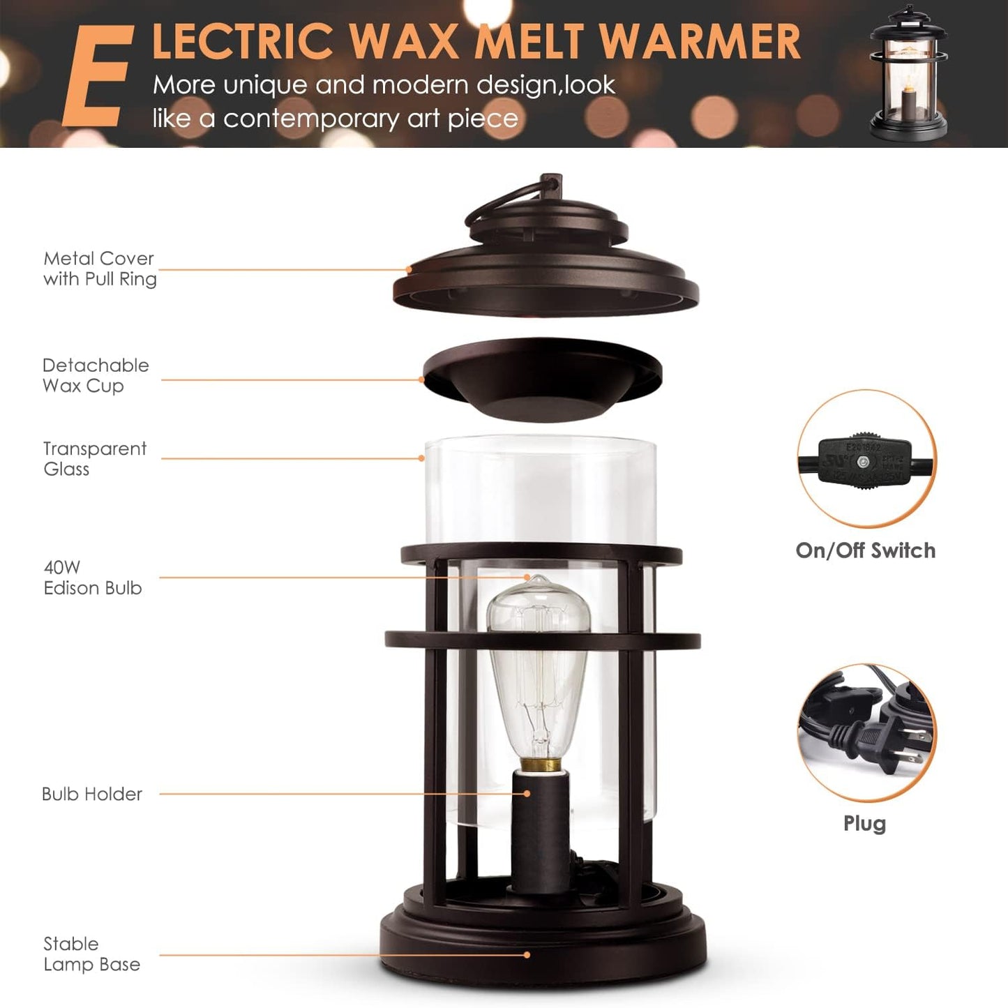 SALKING Electric Wax Warmer - Metal Wax Melt Warmer for Scented Wax,Candle Wax Burner Fragrance Warmer and 2 Edison Bulbs, Wax Melt Melter for Home Decor Office,Birthday Gifts for Women