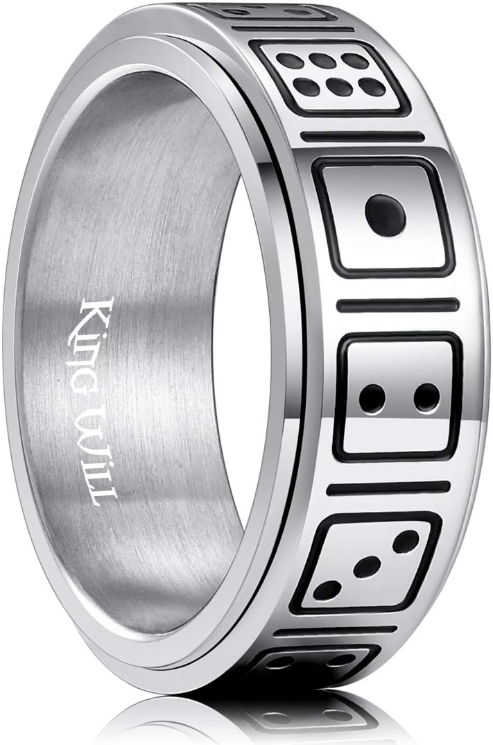 King Will 6mm 8mm Silver Rose Gold Titanium Spinner Ring Fidget Anxiety Ring for Men High Polished Dice Pattern/Lord's Prayer Comfort Ring