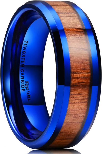 King Will Nature Koa Wood Inlay Tungsten Carbide Wedding Ring 8mm Rose Gold/Blue/Black/Silver High Polished Comfort Fit