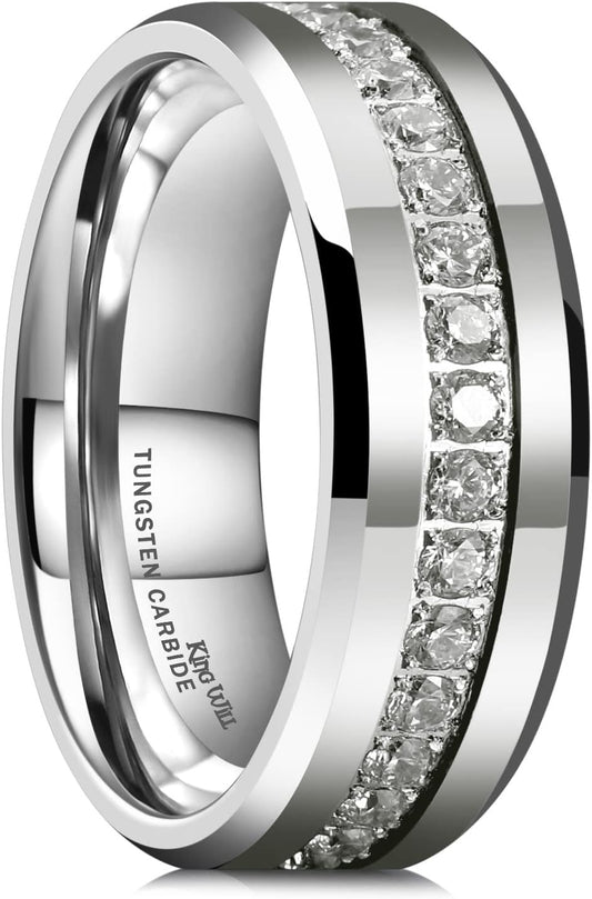 King Will Tungsten Carbide Wedding Band for Men - 8mm Black Plated High Polished Cubic Zircon Stones Comfort Fit Mens Ring for Wedding,Engagement and Anniversary