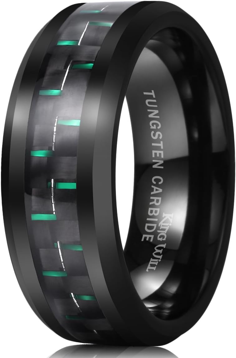 King Will GENTLEMAN 8mm Black/Red/Green/Blue/Silver Carbon Fiber Inlay Tungsten Carbide Ring Black Wedding Band Polished Finish Edges Men’s Ring Comfort Fit for Men Women