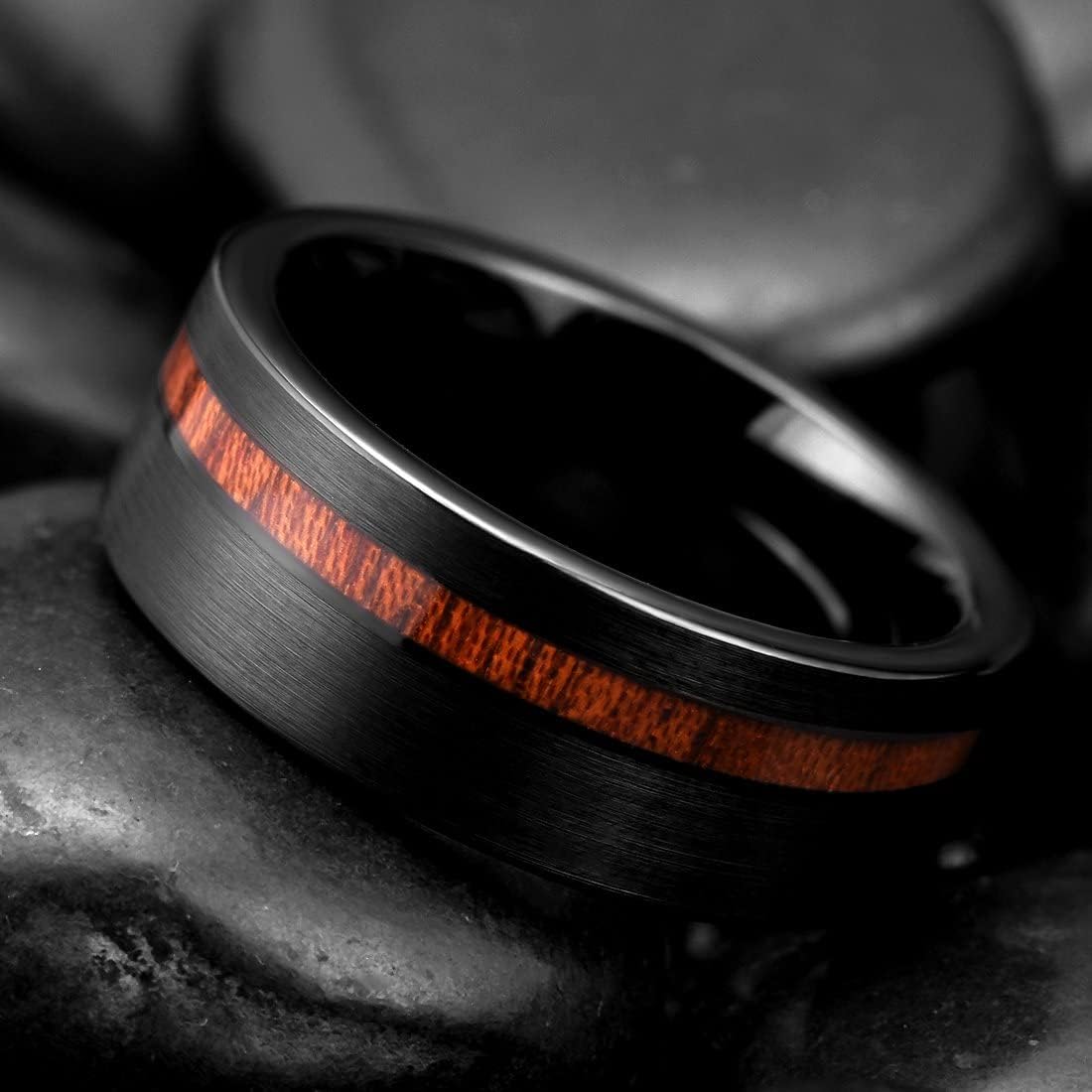 King Will 8mm Wood/Red Opal/Gold Foils/Purple Meteorite Inlaid Black Tungsten Carbide Rings Wedding Band Brushed Hammered Men’s Engagement Ring Comfort Fit for Men Women