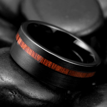 King Will 8mm Wood/Red Opal/Gold Foils/Purple Meteorite Inlaid Black Tungsten Carbide Rings Wedding Band Brushed Hammered Men’s Engagement Ring Comfort Fit for Men Women