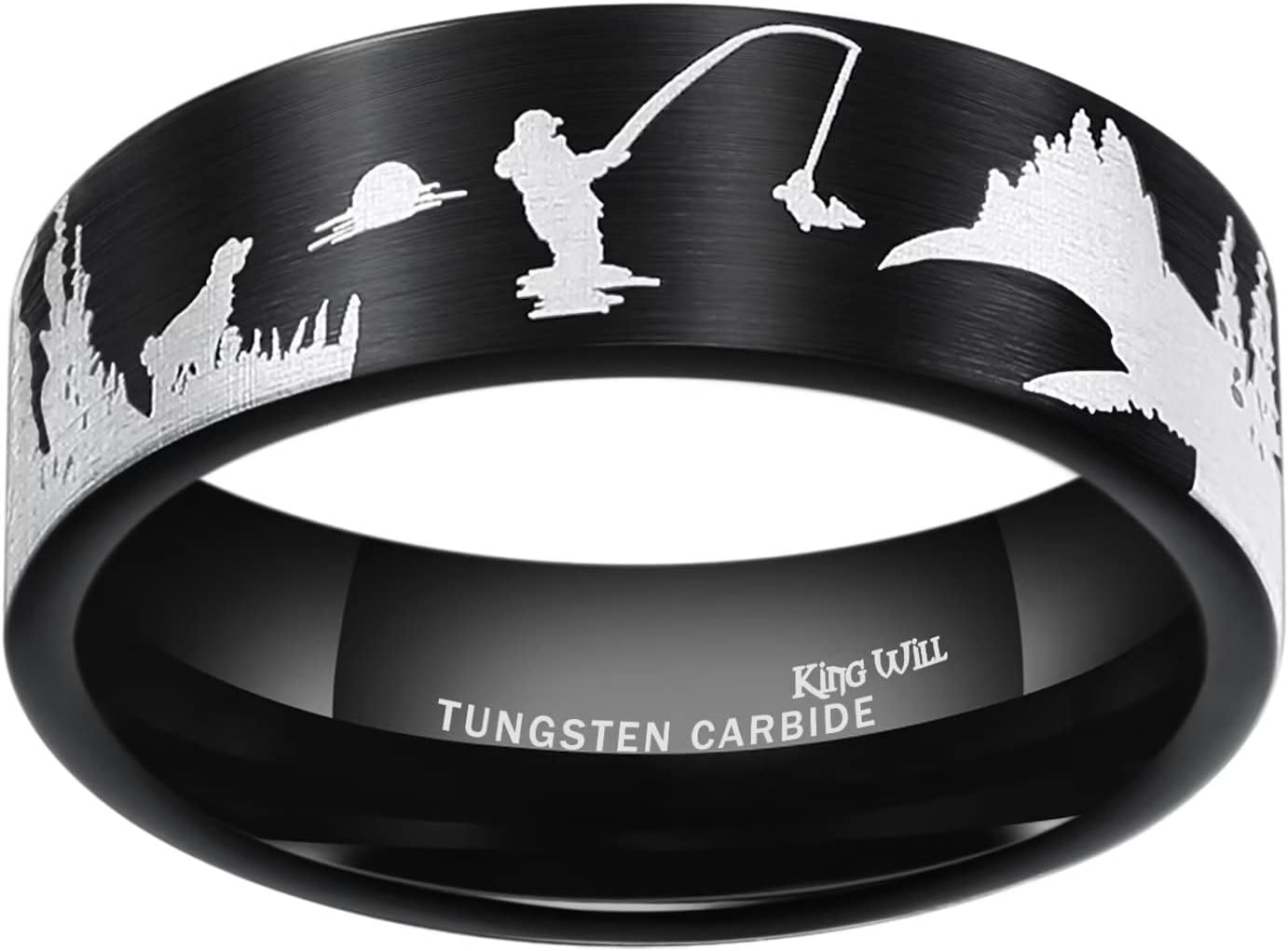 King Will Mens 6mm 8mm Black Silver Tungsten Carbide Wedding Ring Inlaid Lasered Seagull/Forest Landscap/Panda/Deer/Hunting/Fly Fishing Brushed Wedding Rings for Men Women