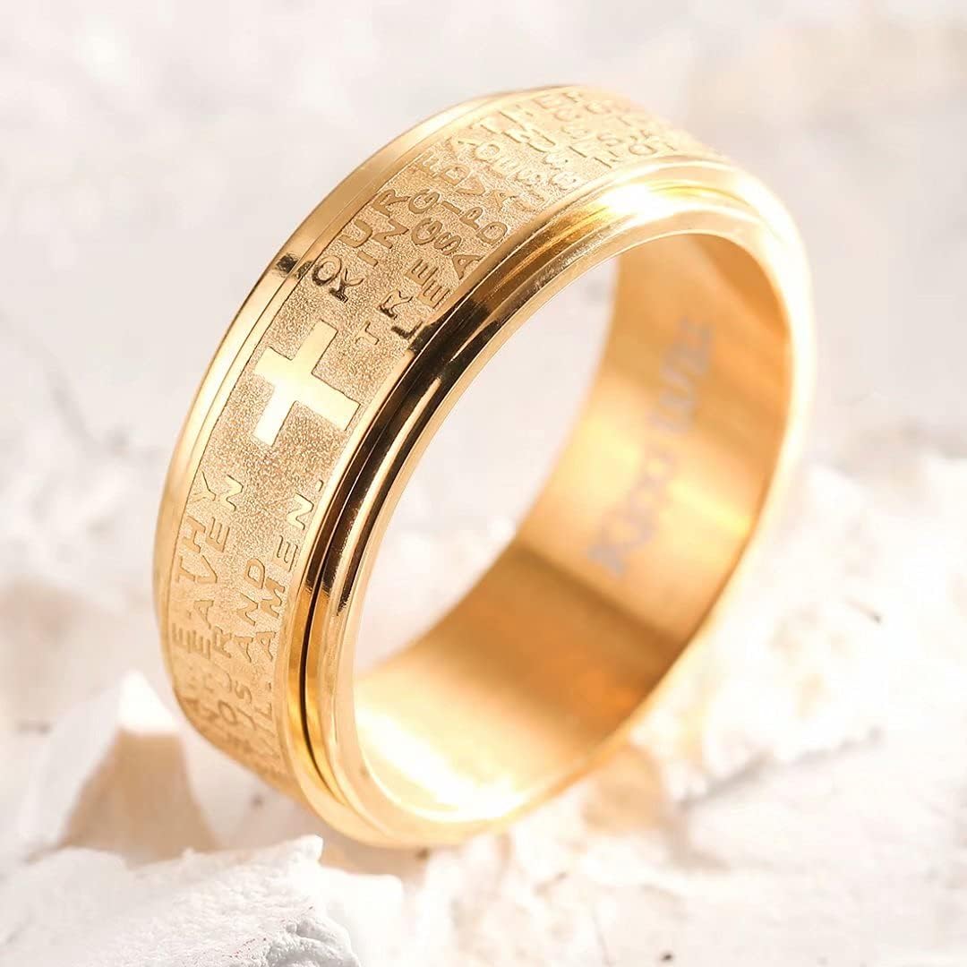 King Will 8mm Black/Gold/Silver Stainless Steel Ring Lord's Prayer Rotatable Ring Men Wedding Band Rings Comfort Fit