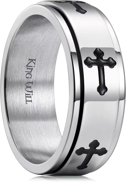 King Will 8mm Black/Gold/Silver Stainless Steel Ring Lord's Prayer Rotatable Ring Men Wedding Band Rings Comfort Fit