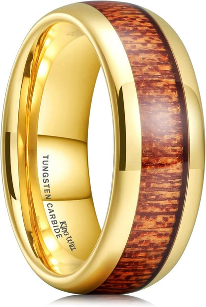 King Will Nature Koa Wood Inlay Tungsten Carbide Wedding Ring 8mm Rose Gold/Blue/Black/Silver High Polished Comfort Fit