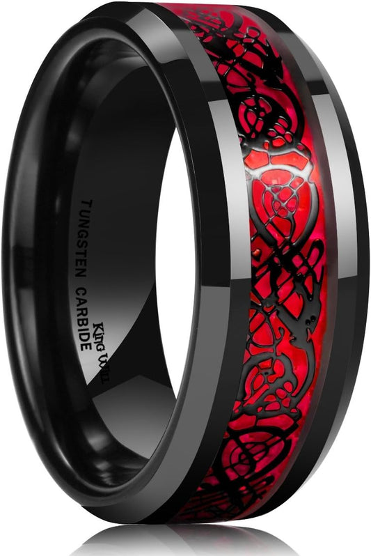 King Will Men's 8mm Green/Red/Blue/Purple Carbon Fiber Black Celtic Dragon Tungsten Carbide Ring Comfort Fit