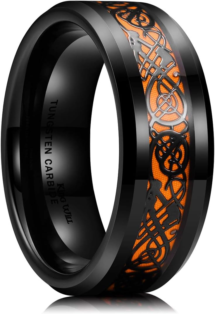 King Will Men's 8mm Green/Red/Blue/Purple Carbon Fiber Black Celtic Dragon Tungsten Carbide Ring Comfort Fit