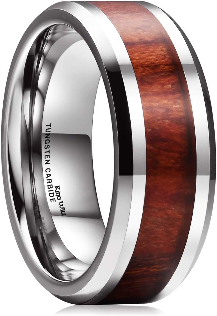 King Will Nature Koa Wood Inlay Tungsten Carbide Wedding Ring 8mm Rose Gold/Blue/Black/Silver High Polished Comfort Fit