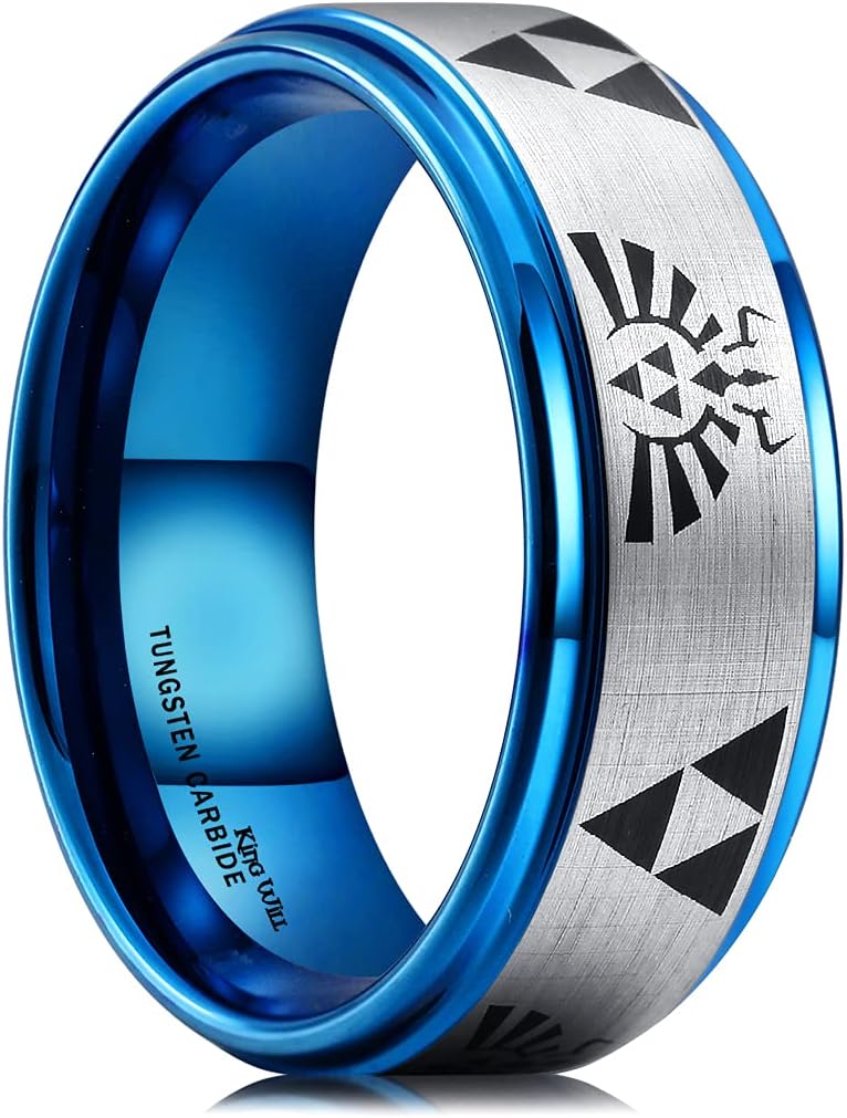 King Will 8mm Mens Black/Blue Tungsten Carbide Wedding Ring The Legend of Zelda Ring Matte Finished Plated Stepped Beveled Edges