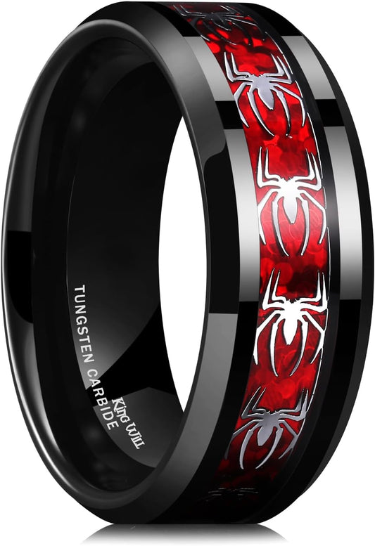 King Will Tungsten Carbide Wedding Band for Men - 8mm Black High Polished Inlay Spider for Everyday Wear Comfort Fit