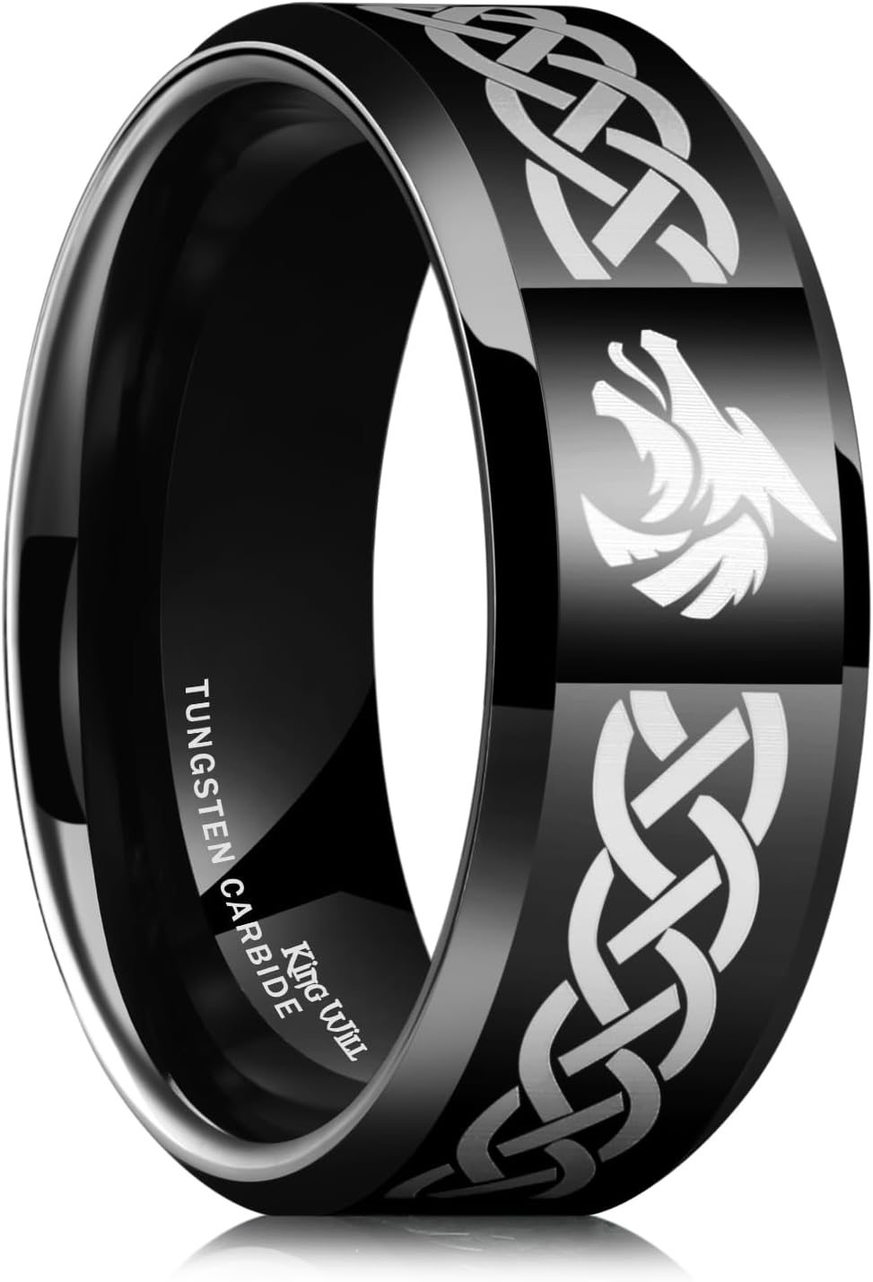 King Will 8mm Black/Silver/Blue Mens Tungsten Carbide Ring Laser Celtic Knot/Wolf Head/Dragon Polish Edge Wedding Band Size 7-14