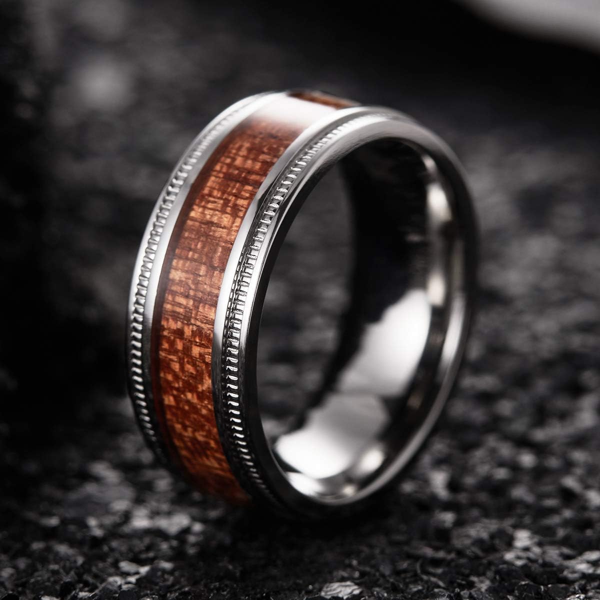 King Will NATURE 7mm 8mm Titanium Ring Black/Silver/Green with Wood Inlay Wedding Band Ring for Men Real Comfort Fit