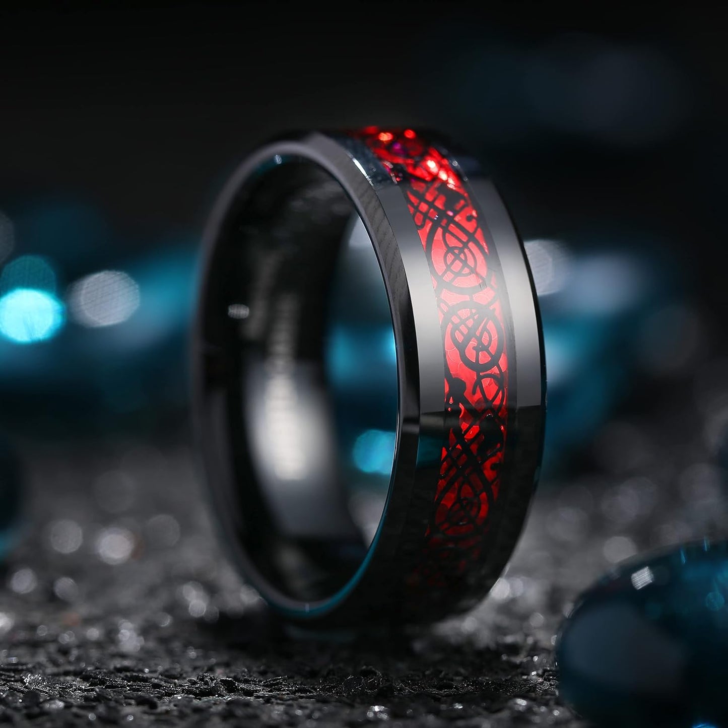 King Will Men's 8mm Green/Red/Blue/Purple Carbon Fiber Black Celtic Dragon Tungsten Carbide Ring Comfort Fit