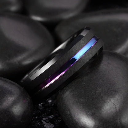King Will 6mm 7mm 8mm Groove Tungsten Carbide Wedding Ring for Men Black/Silver/Rainbow/Rose Gold/Red/Brown/Blue Thin Groove Center Tungsten Wedding Band Matte Finish