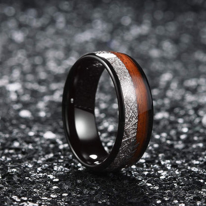 King Will Nature 8mm Arrow Tungsten Carbide Ring Wood Meteorite Sticker Inlay Domed Wedding Ring for Men