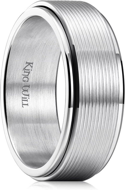 King Will Black Silver Gold Mens Spinner Anxiety Fidget Ring 8mm Stainless Steel Wire Mesh Chain Woven Mesh/Tire Stripe/Groove Ring for Stress Relieving