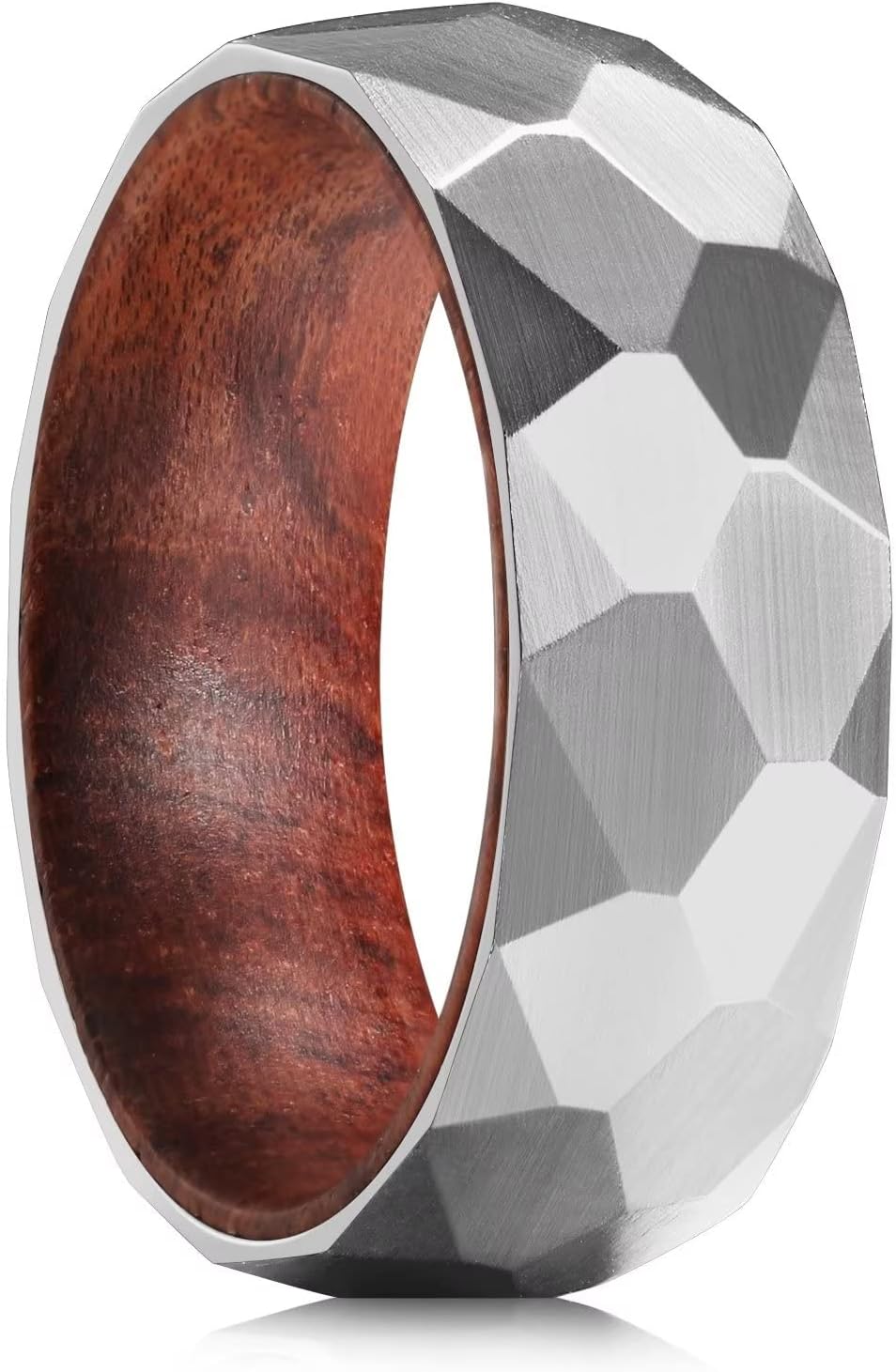 King Will 6mm/8mm Silver/Black Hammered Titanium Ring Inlaid Wood Inner Hole Wedding Band for Men Matte Brushed Comfort Fit