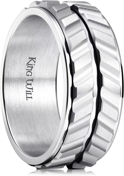 King Will Black Silver Gold Mens Spinner Anxiety Fidget Ring 8mm Stainless Steel Wire Mesh Chain Woven Mesh/Tire Stripe/Groove Ring for Stress Relieving