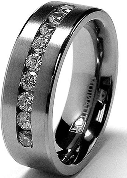 8 MM Men's Titanium ring wedding band with 9 large Channel Set Cubic Zirconia CZ sizes 6 to 15