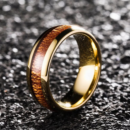 King Will Nature Koa Wood Inlay Tungsten Carbide Wedding Ring 8mm Rose Gold/Blue/Black/Silver High Polished Comfort Fit