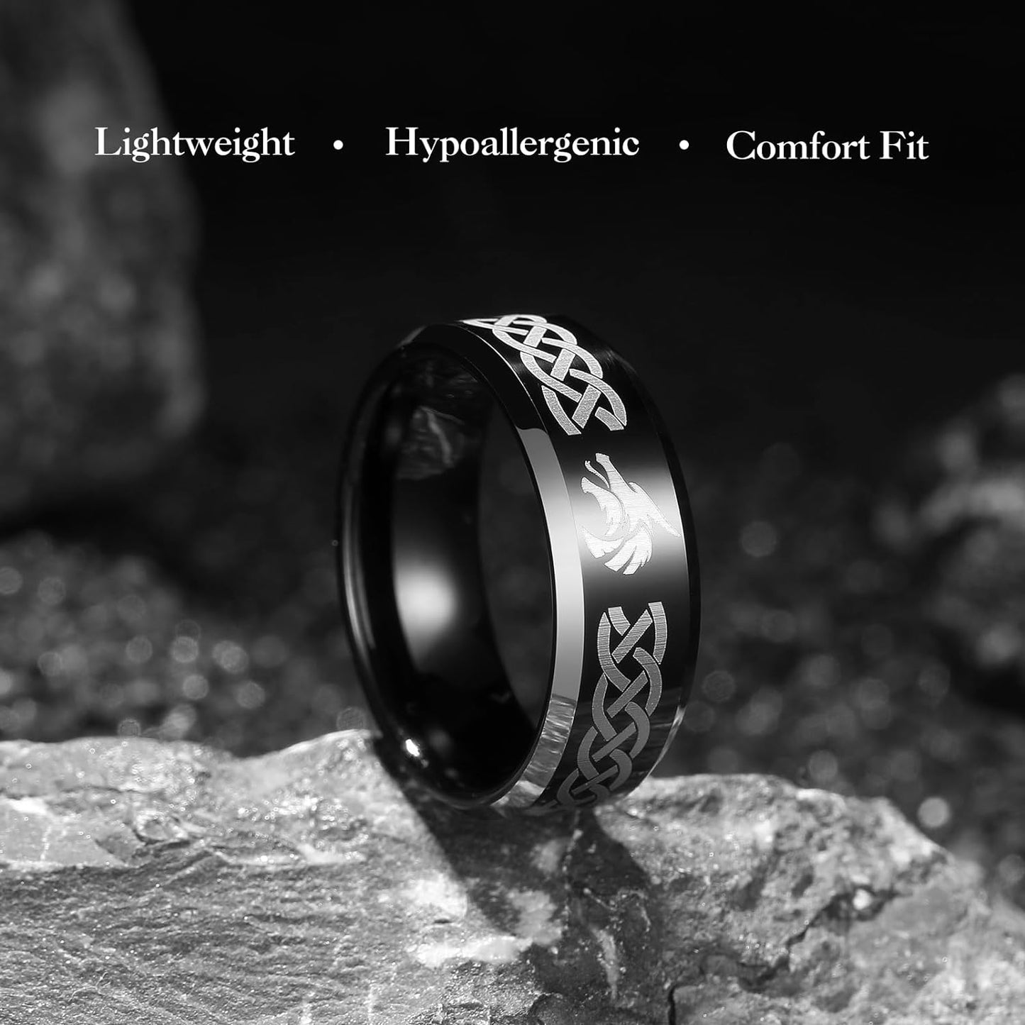 King Will 8mm Black/Silver/Blue Mens Tungsten Carbide Ring Laser Celtic Knot/Wolf Head/Dragon Polish Edge Wedding Band Size 7-14