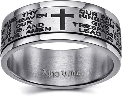 King Will 6mm 8mm Silver Rose Gold Titanium Spinner Ring Fidget Anxiety Ring for Men High Polished Dice Pattern/Lord's Prayer Comfort Ring